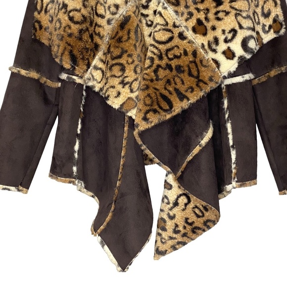 DOLCE CABO Leopard Print Brown Faux Fur Mobwife Waterfall Open Jacket S EUC - Picture 6 of 16